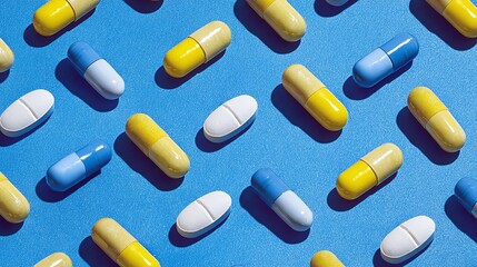Pills on Blue: A vibrant pattern of yellow, blue, and white pills arranged on a bright blue background, creating a colorful medical backdrop.