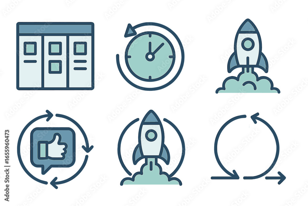 Poster rocket launch icons representing startup progress and timelines