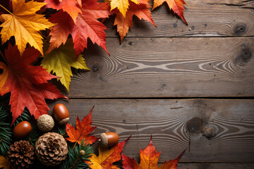 Obraz premium Vibrant autumn leaves, pinecones, and acorns on a dark wooden background, creating a cozy atmosphere, with visible wood grain and knots, evoking a sense of fall season.