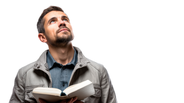 Man in Jacket Holding Open Book Looks Up thoughtfully, cut out transparent