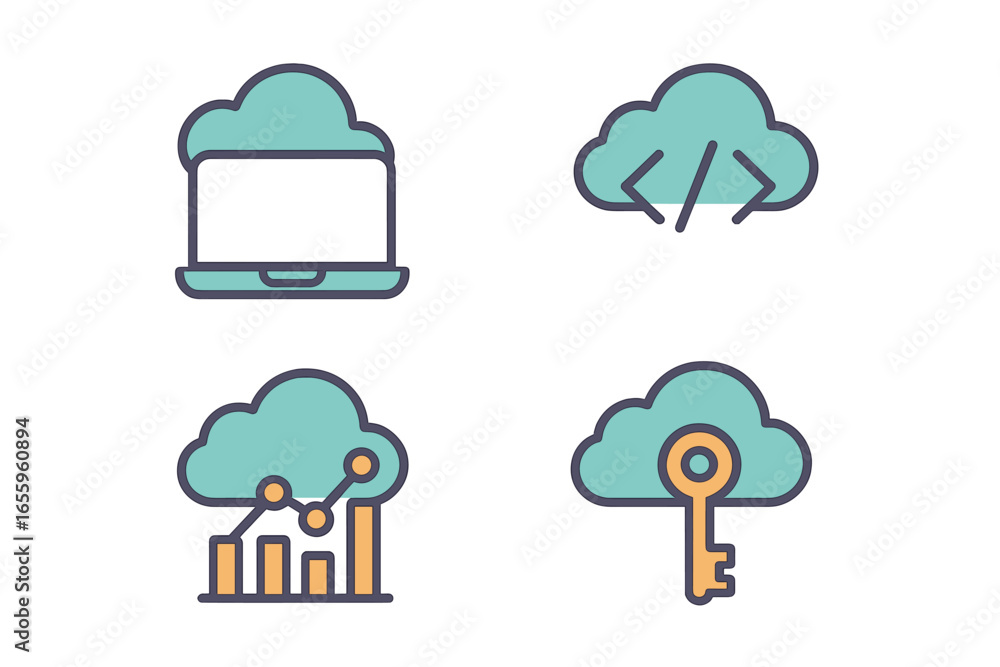Poster vector illustration of cloud computing concepts with laptop and key