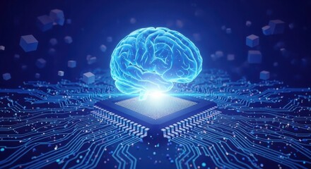 Artificial intelligence concept with brain over circuit board and microchip