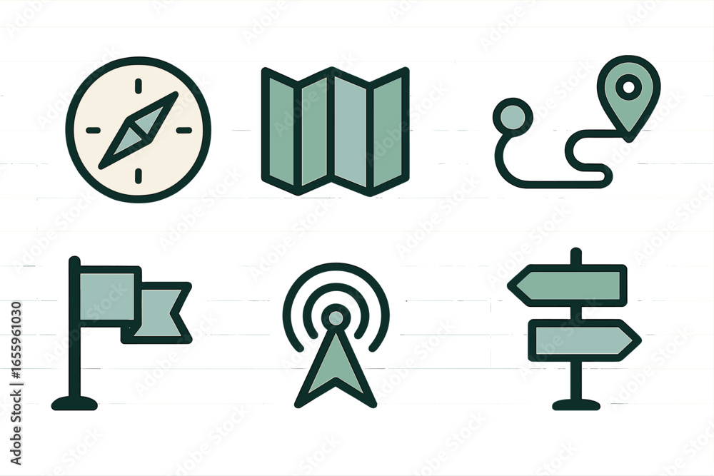 Poster navigation elements illustration showing a compass and map symbols