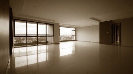 Fototapeta premium A modern minimalist empty room with large windows offering a bright view of the outside,