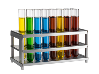  Front View of Glass Test Tubes with Colored Liquids and Light Refraction in Silver Rack, Isolated on Transparent Background  