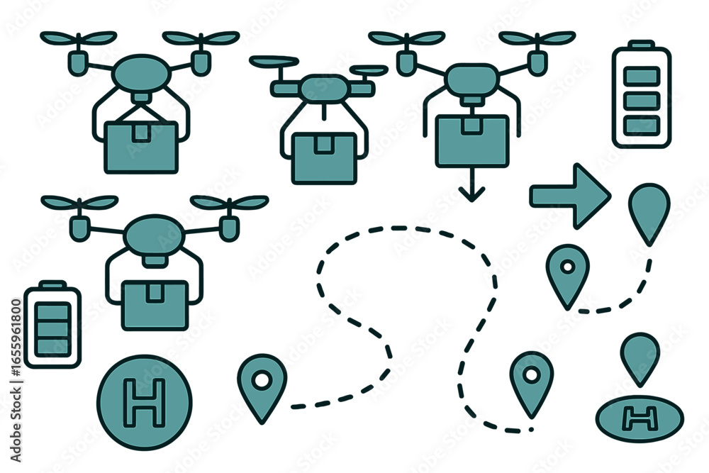Aufkleber drone delivery system with tracking points and battery indicators
