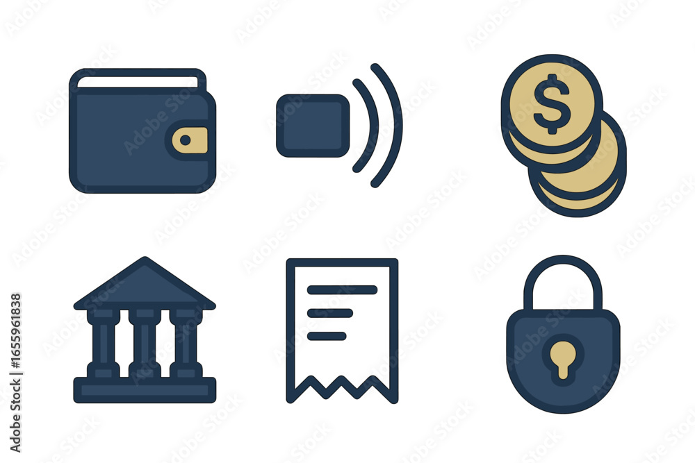 Poster collection of financial icons representing transactions and security