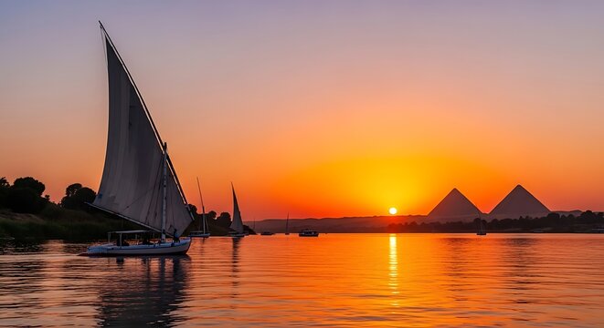 Tranquil nile river sunset felucca sailboats gliding past iconic egyptian pyramids