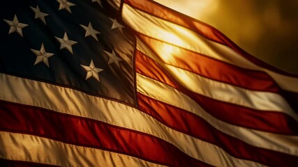 Closeup of American flag at sunset waving in slow motion - Powered by Adobe