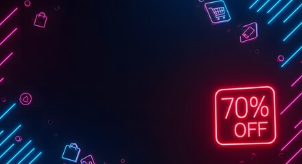 Glowing Red Neon 70% Off Sign on a Dynamic Digital Shopping Background