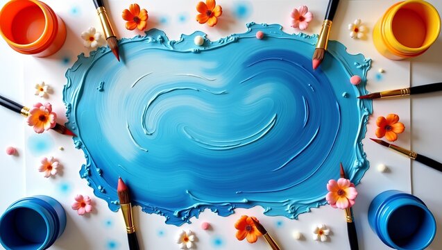 Creativity and artistic inspiration with swirling blue paint, vibrant flowers, paintbrushes and open colorful paint jars