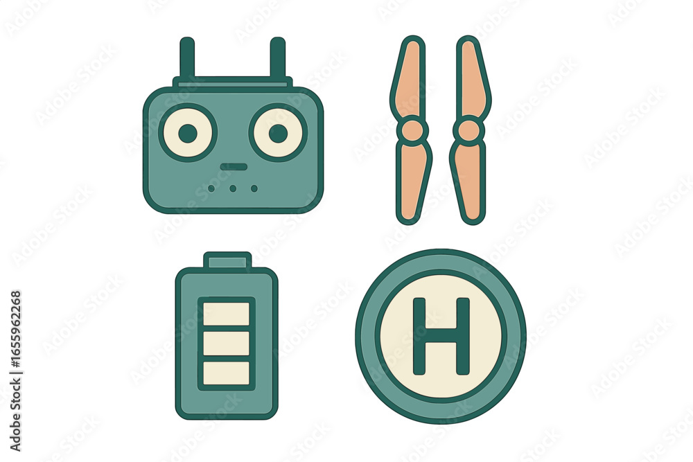 Poster Drone components including remote controller and propellers