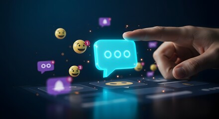 Glowing Social Media Interface: Finger Taps a Neon Chat Bubble Amidst Floating Emojis.