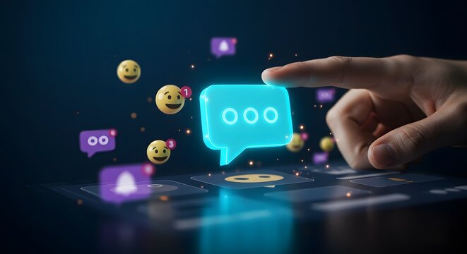 Glowing Social Media Interface: Finger Taps a Neon Chat Bubble Amidst Floating Emojis.