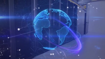 Digital Globe Animated in a Modern Data Center Environment with Futuristic Effects - Powered by Adobe