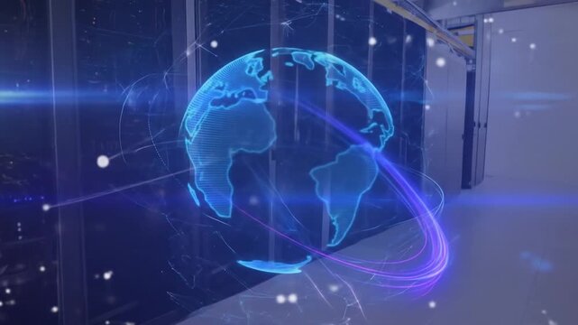 Digital Globe Animated in a Modern Data Center Environment with Futuristic Effects - Powered by Adobe