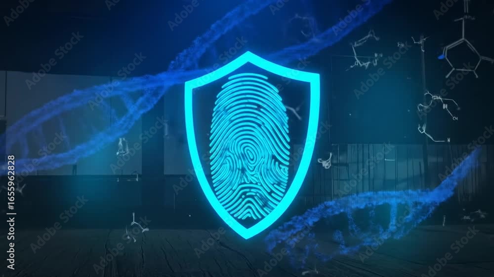 Poster digital security: fingerprint shield and dna structure, data protection and identity verification