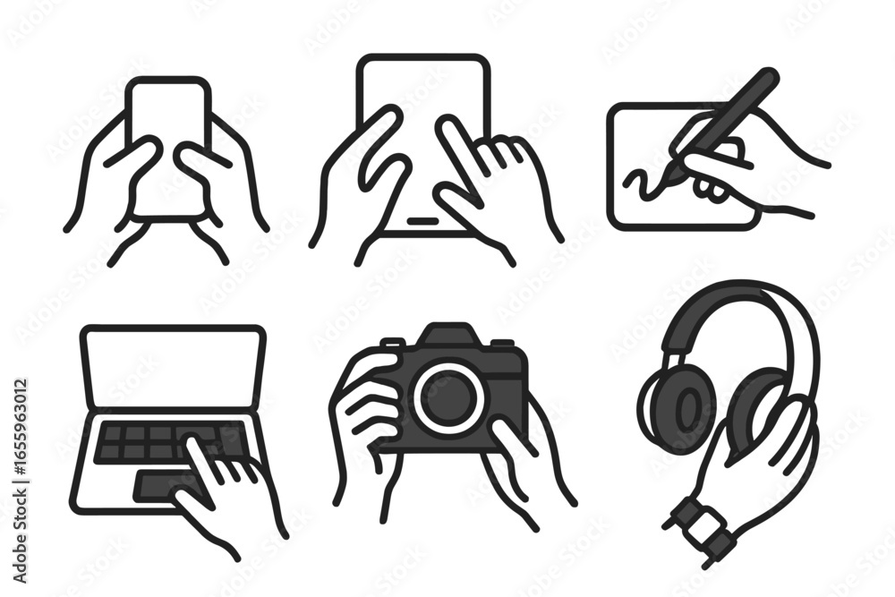 Aufkleber hands interacting with various technology devices in vector style