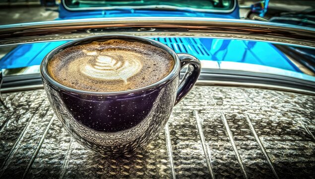 Fototapeta Dark purple mug of latte atop a metallic surface, vintage car in background