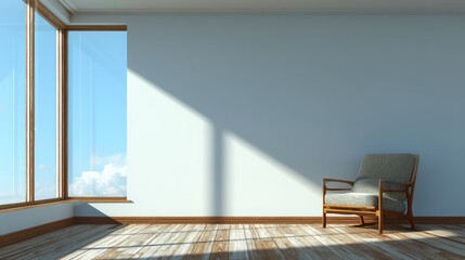 A serene minimalist interior with a wooden armchair near large windows,