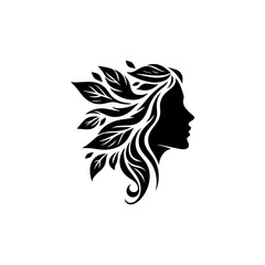 Silhouette of a womans head with flowing hair and leaf accents.