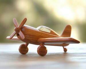 Close-up of a Vintage Wooden Toy Airplane on a Table with Blurred Background vintage toy close-up ai