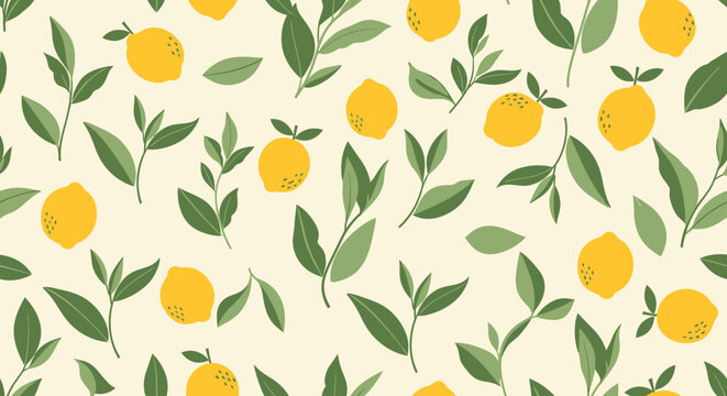 Playful Lemon and Leaf Pattern with Bright Yellow Citrus Fruits and Greenery