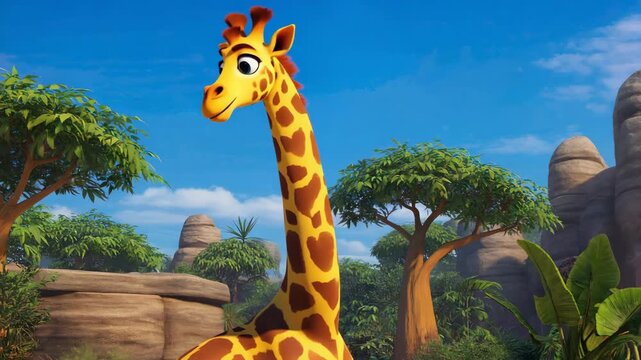 animated giraffe looking around in the jungle