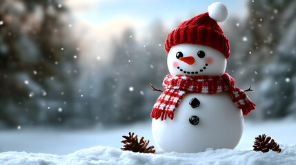 Obraz premium Snowman in a winter landscape surrounded by pine trees with falling snowflakes creating a festive atmosphere