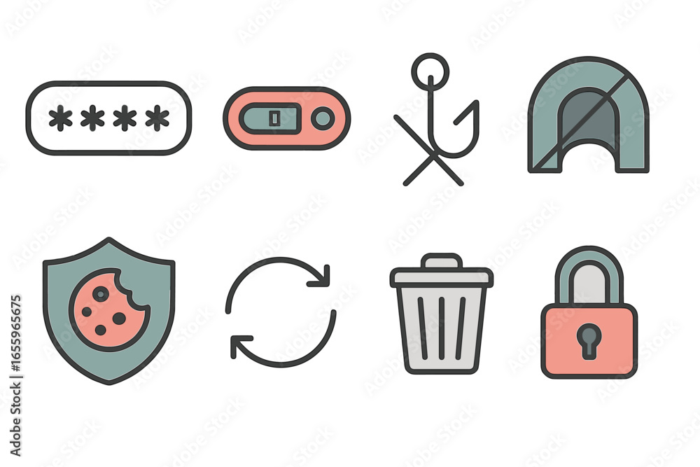 Poster icon collection representing security, settings, and user actions