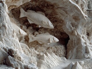 Intricate stone carving depicting an underwater scene with fish and mountainous landscape