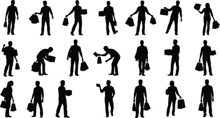 Silhouettes of people shopping, holding bags, carrying boxes, walking poses, retail concept, consumer behavior, black figures, white background, marketing, design
