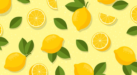 Vibrant Lemon Pattern with Green Leaves and Yellow Background.