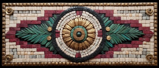 Rectangular mosaic; central gold sunburst, flanked by teal leaves on maroon and off-white tile
