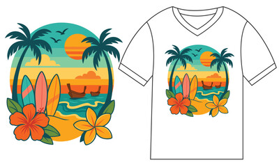 A set of vector illustrations showcasing a tropical beach scene with palm trees, floral designs, and marine life under the summer sun