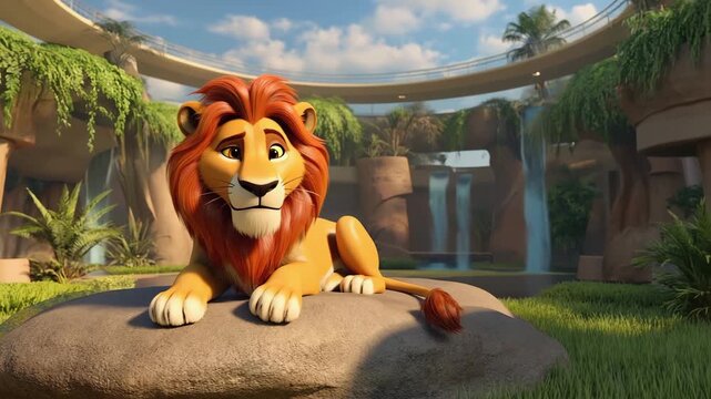 animated lion sitting on a rock  in the park