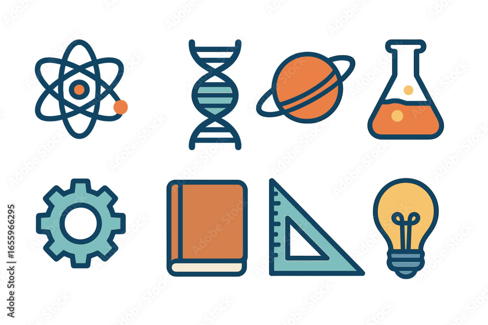 Poster collection of vector icons representing science and education concepts