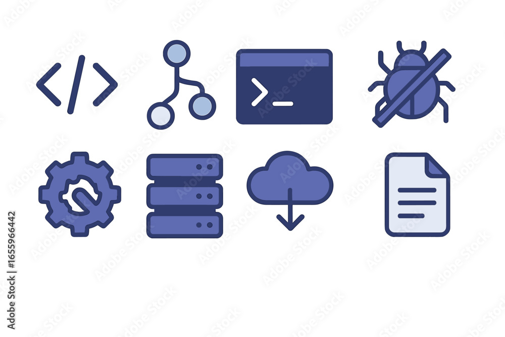 Poster creative vector icons illustrating programming concepts and tools