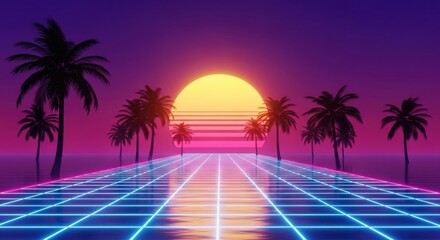 Retro synthwave landscape with neon grid road, palm trees, and sunset.