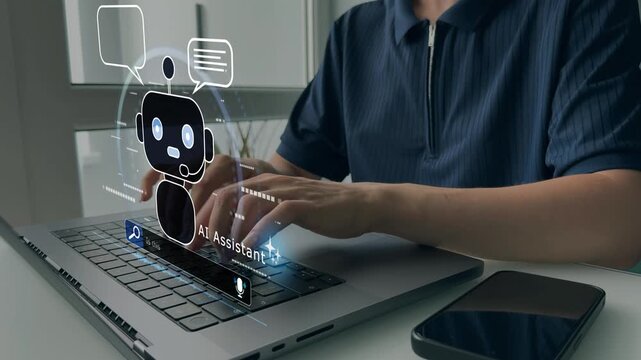 Woman talking to a robot assistant.Contact us for online support. Customer service, helpdesk advice online chat support.	