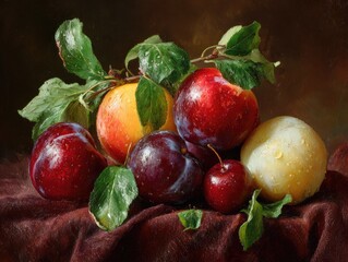 Still life of plums, apples, and a cherry, arranged on a dark red cloth