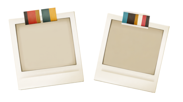Two retro instant photo frames with colorful striped tabs displayed on a white surface, cut out transparent