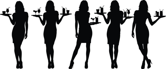 Silhouettes of servers with drinks, tray holding poses, beverage service, hospitality staff, restaurant bar, black figures, cups, straws, stirrers, white background