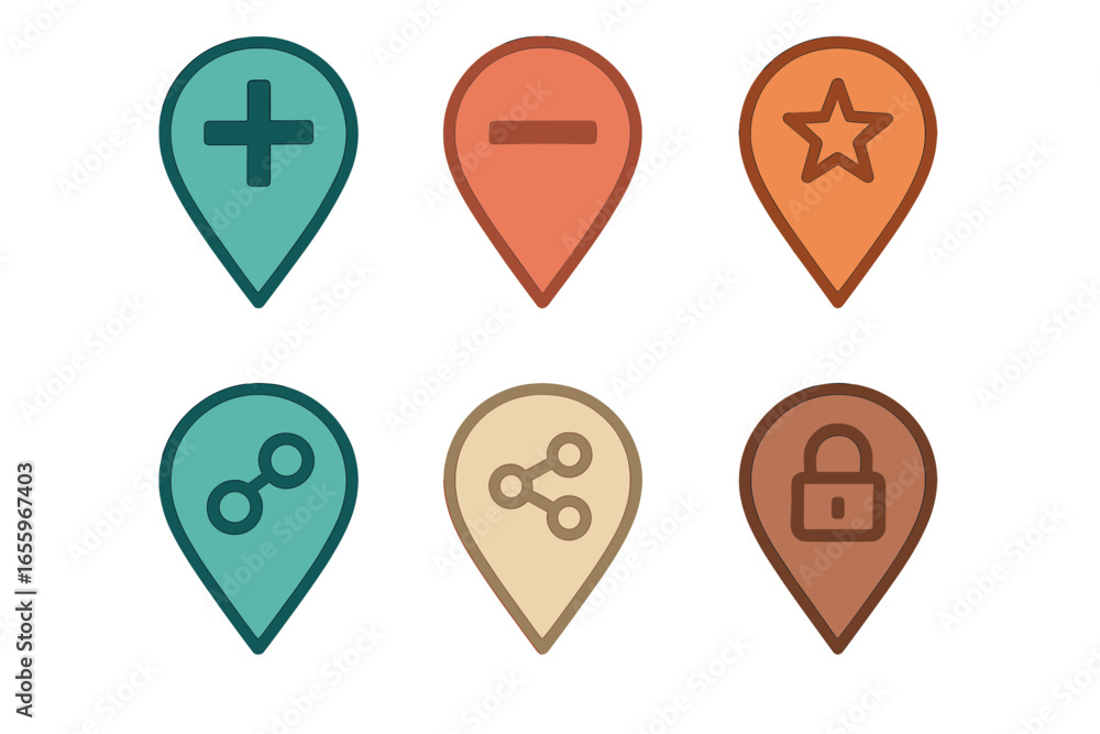 Poster vector illustration of colorful location markers with symbols for maps