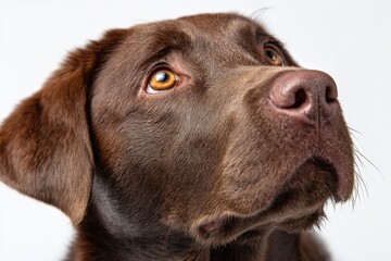 Fototapeta premium Close-up of a chocolate Labrador puppy looking upward