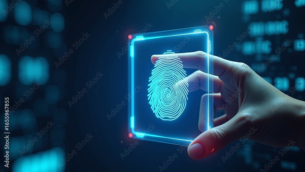 Fototapete cybersecurity and biometric identity authentication concept with futuristic fingerprint scan and dig