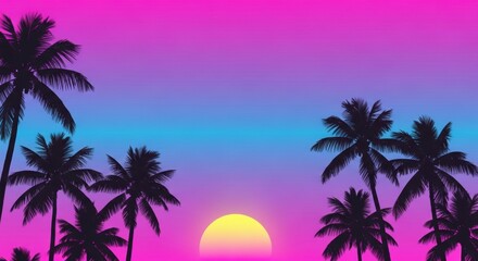 Naklejka premium Tropical sunset with palm trees in silhouette against a vibrant, retro-style sky.