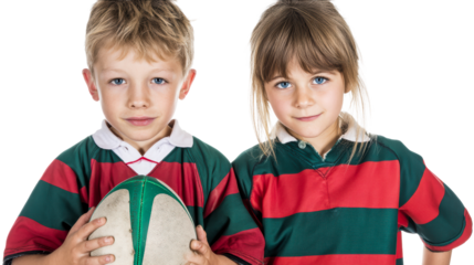 Two young children wearing striped rugby shirts with a rugby ball, cut out transparent