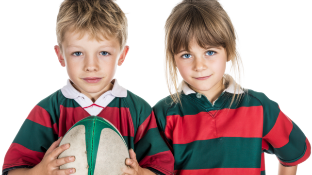Two young children wearing striped rugby shirts with a rugby ball, cut out transparent