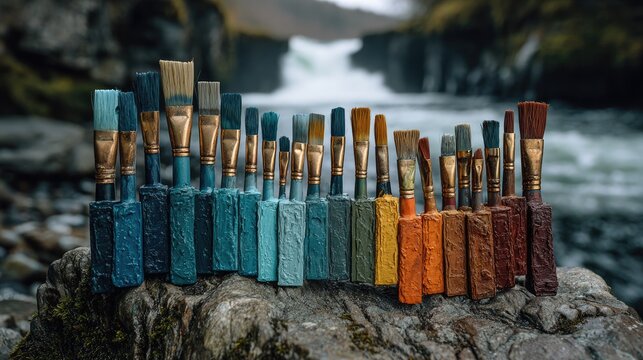 Colorful paintbrushes arranged on rocks near a waterfall - Powered by Adobe